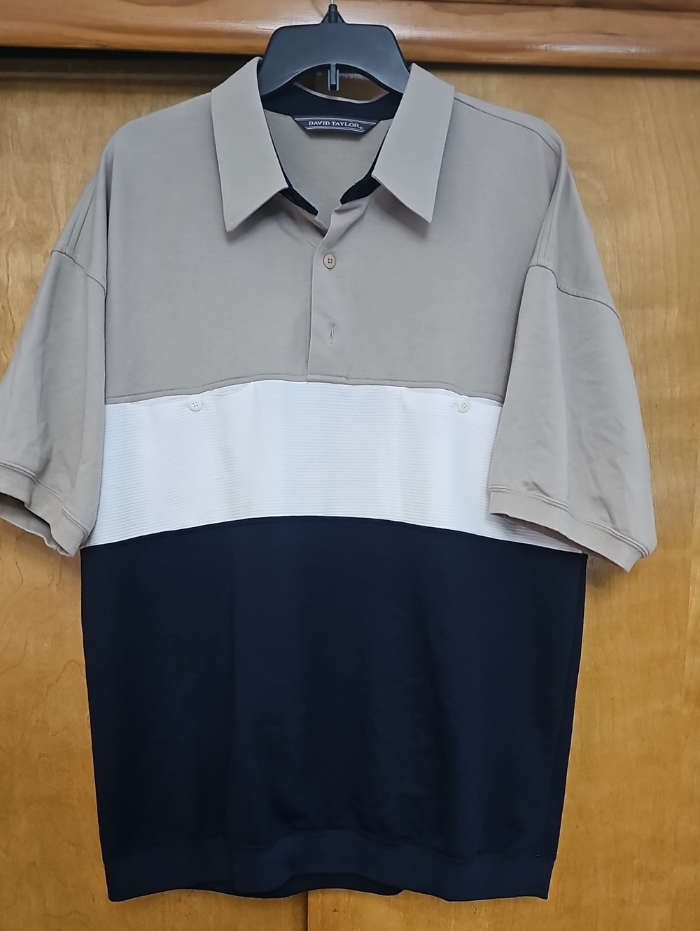 David Taylor Three-Tone Panel Polo in Beige, White & Navy